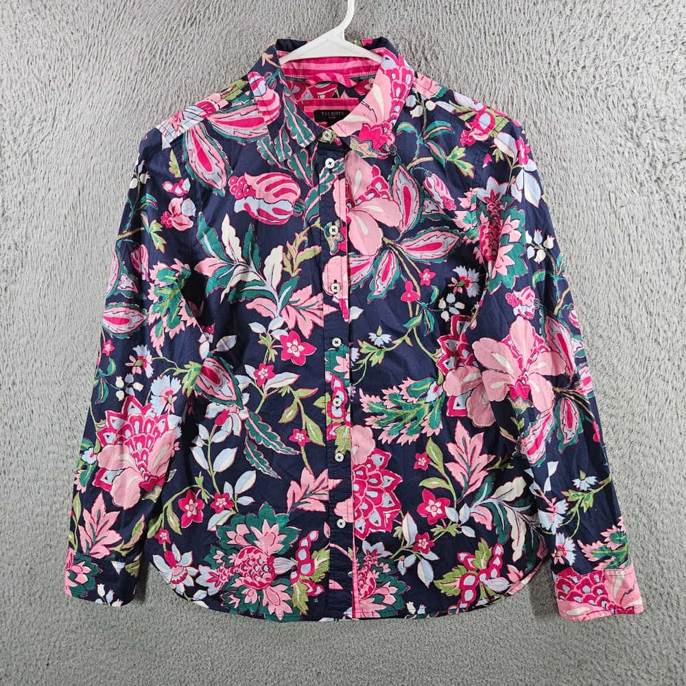 Talbots Petite Womens Navy Pink Floral Cotton Button Down Shirt SP